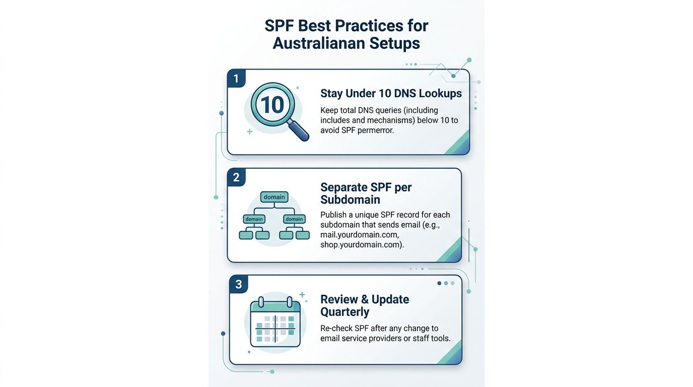 SPF Record Check: Step-by-Step Guide for Aussies 14 An infographic showing three essential spf best practices for maintaining email security for australian domain setups.