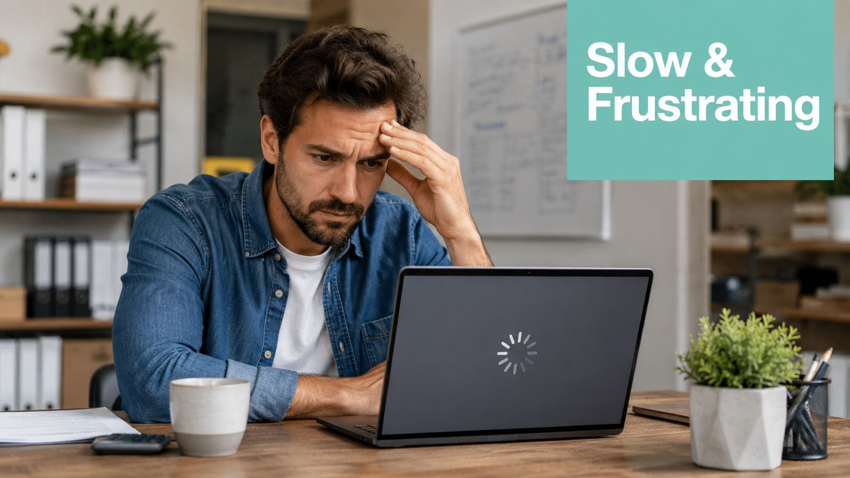 A frustrated man looking at a slow, loading laptop screen in a modern office environment.