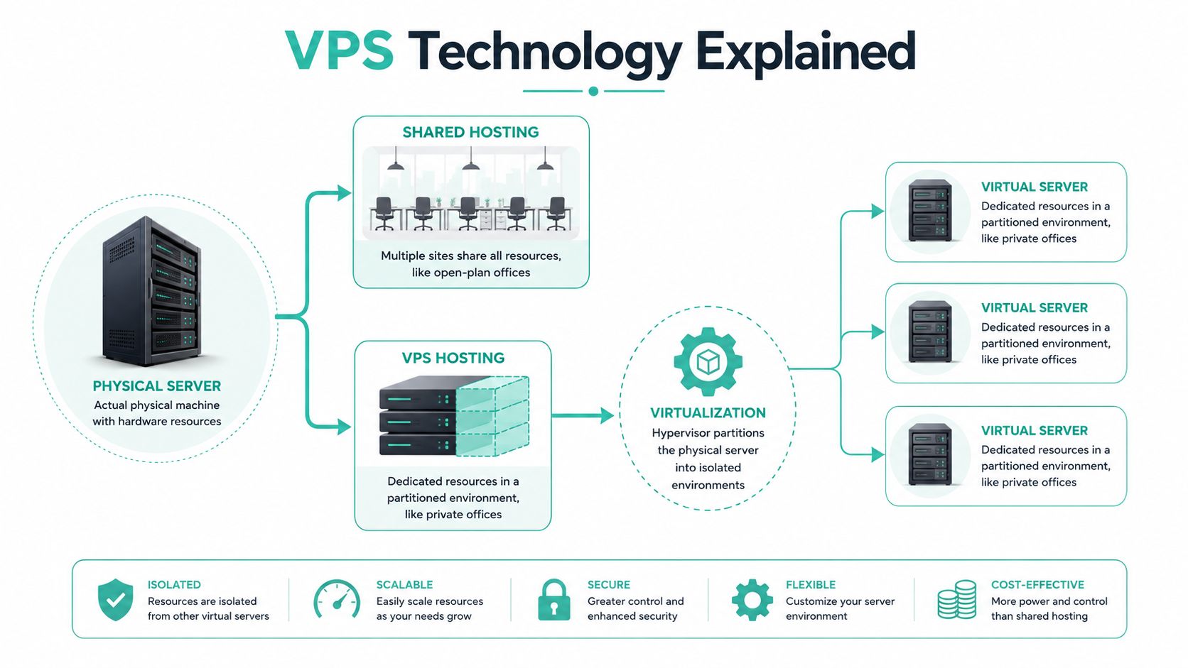 A diagram comparing shared hosting and vps hosting, illustrating how virtualization creates isolated virtual servers from physical hardware.