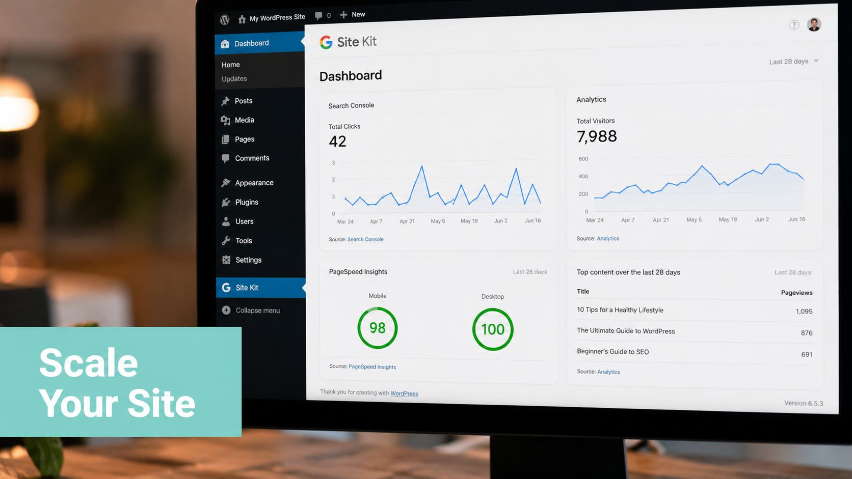 A computer screen showing the wordpress site kit dashboard with website analytics and performance speed metrics.