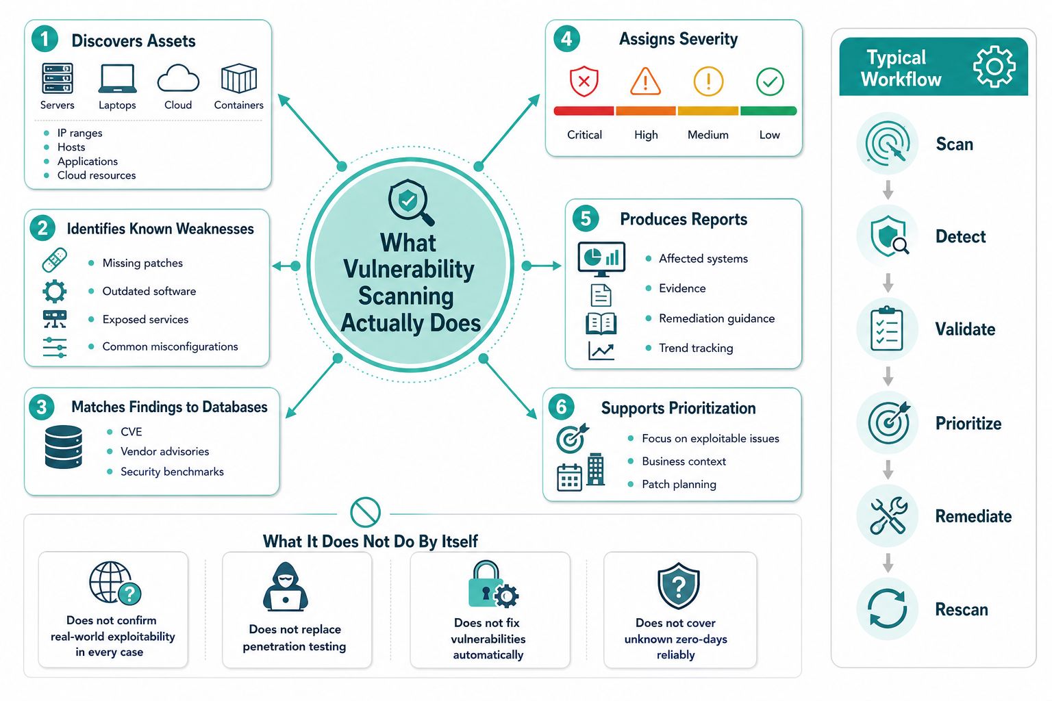 What Is Vulnerability Scanning: SMB Security Guide 2 An infographic showing the core functions of vulnerability scanning, including asset discovery, risk identification, reporting, and workflow processes.