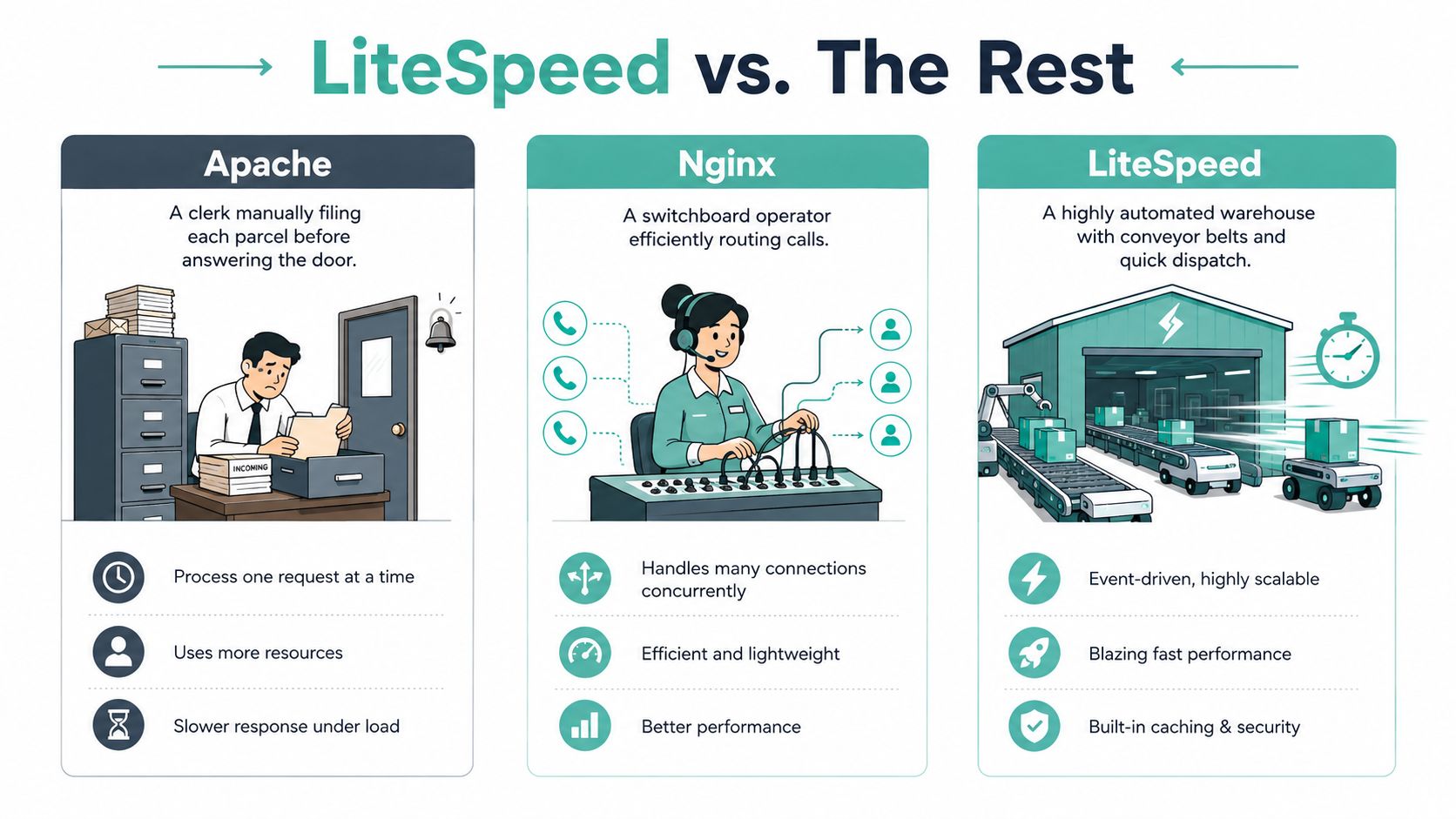 A comparison infographic showing apache, nginx, and litespeed web server technologies with descriptive illustrations.