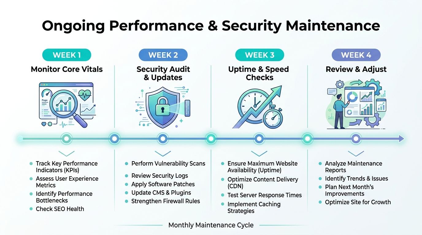 WordPress Performance Optimization: The Australian Business 8 An infographic showing a four-week schedule for ongoing website performance and security maintenance tasks.