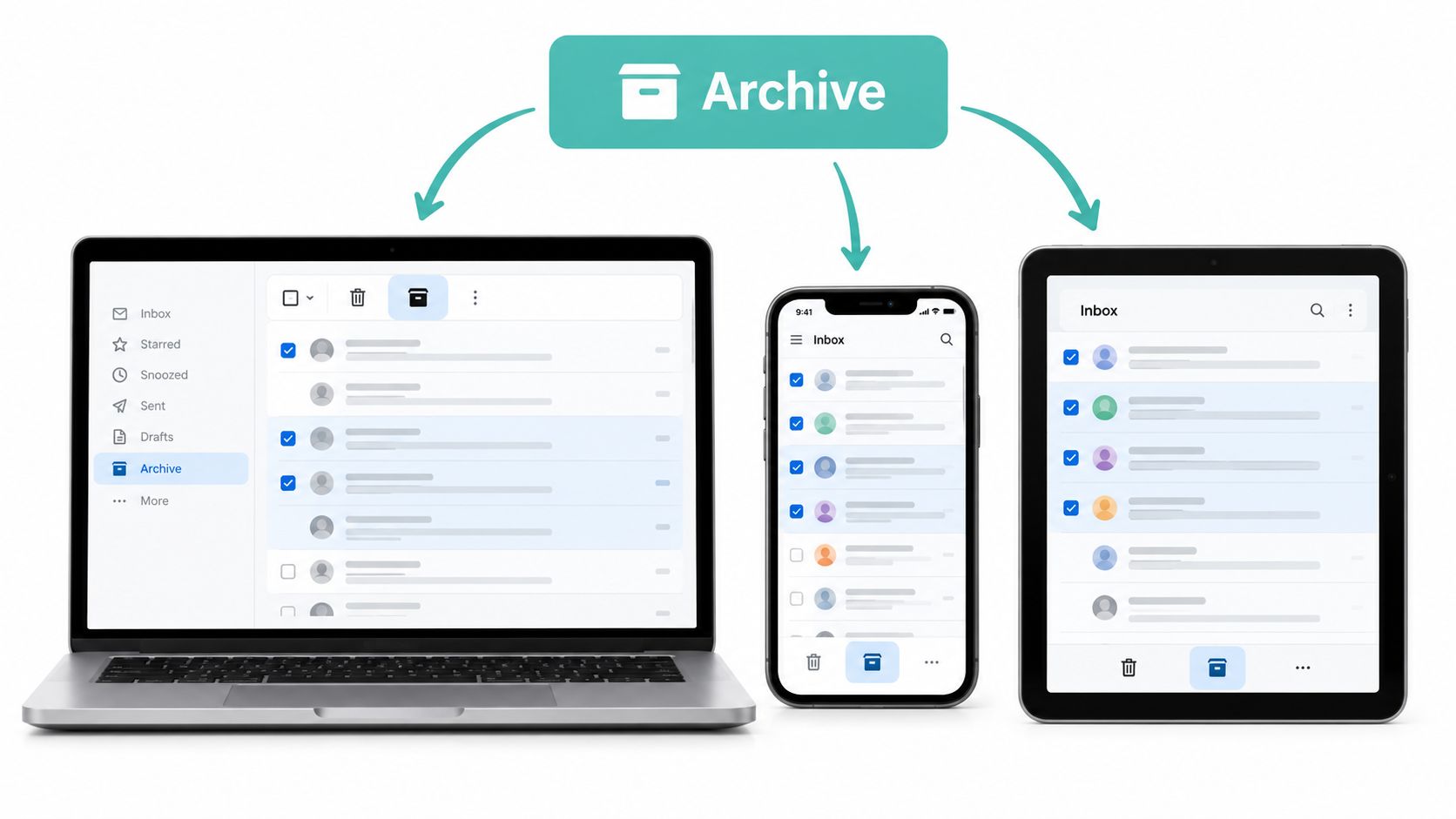 How to Archive Emails in Outlook 2 A laptop, smartphone, and tablet displaying email interfaces with the archive feature highlighted by arrows.