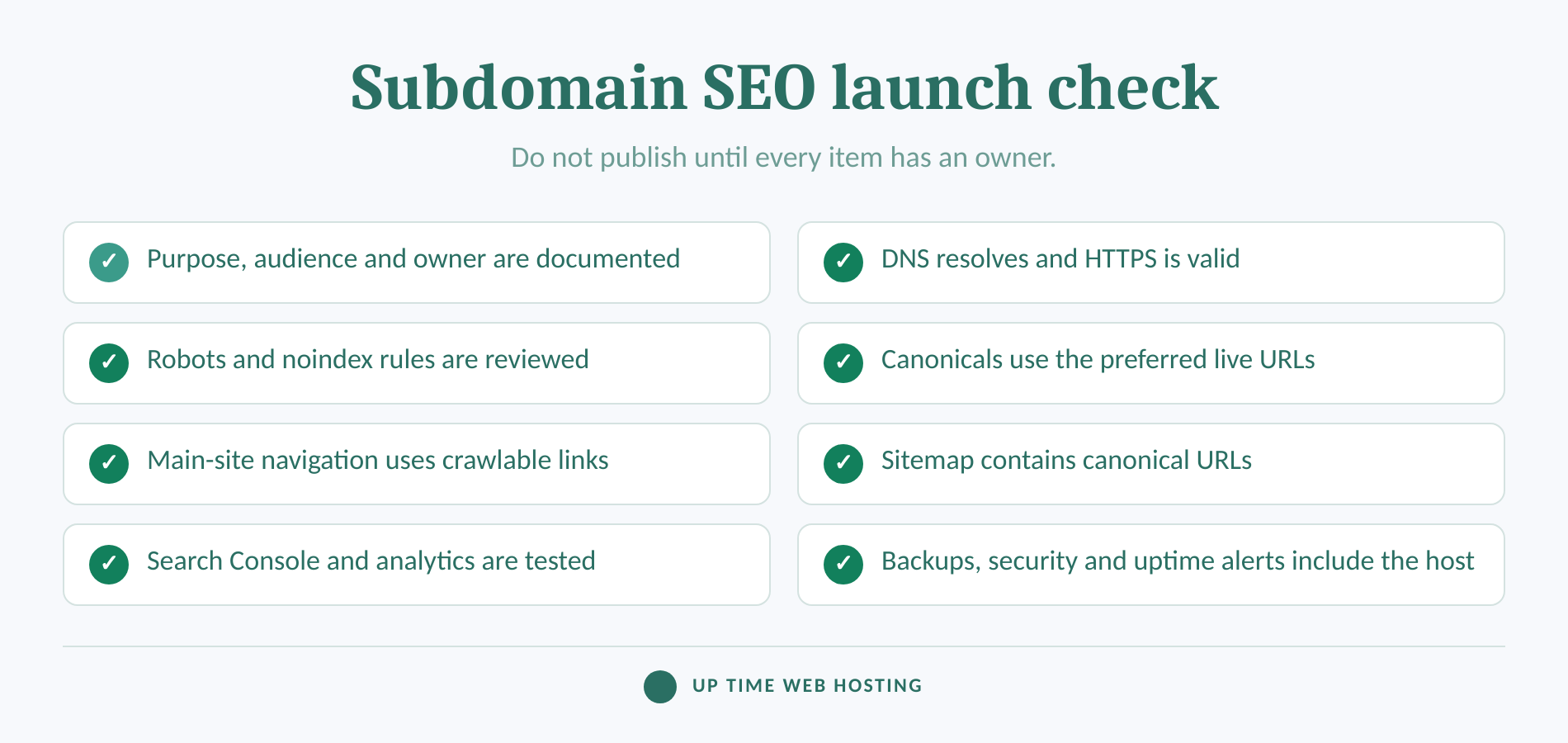 Seo launch checklist covering ownership, https, crawl controls and reporting.