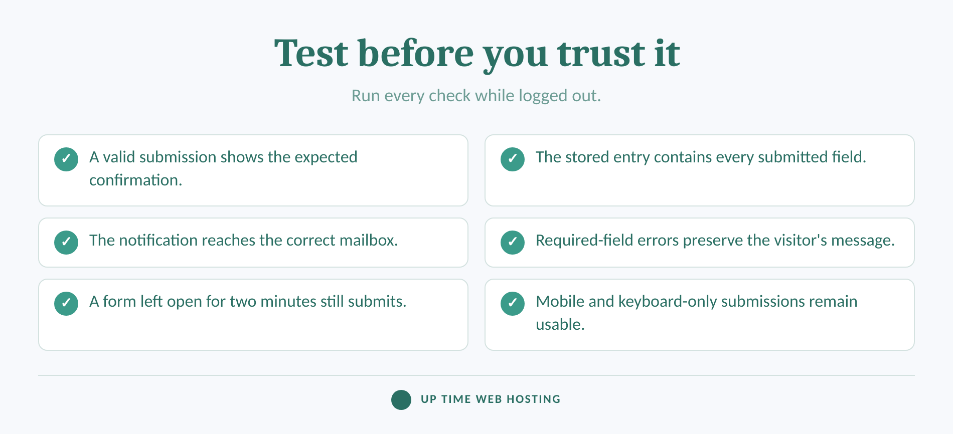 How to Add reCAPTCHA to WordPress Forms Without Breaking Submissions 4 Checklist for testing valid, invalid, delayed and mobile form submissions.