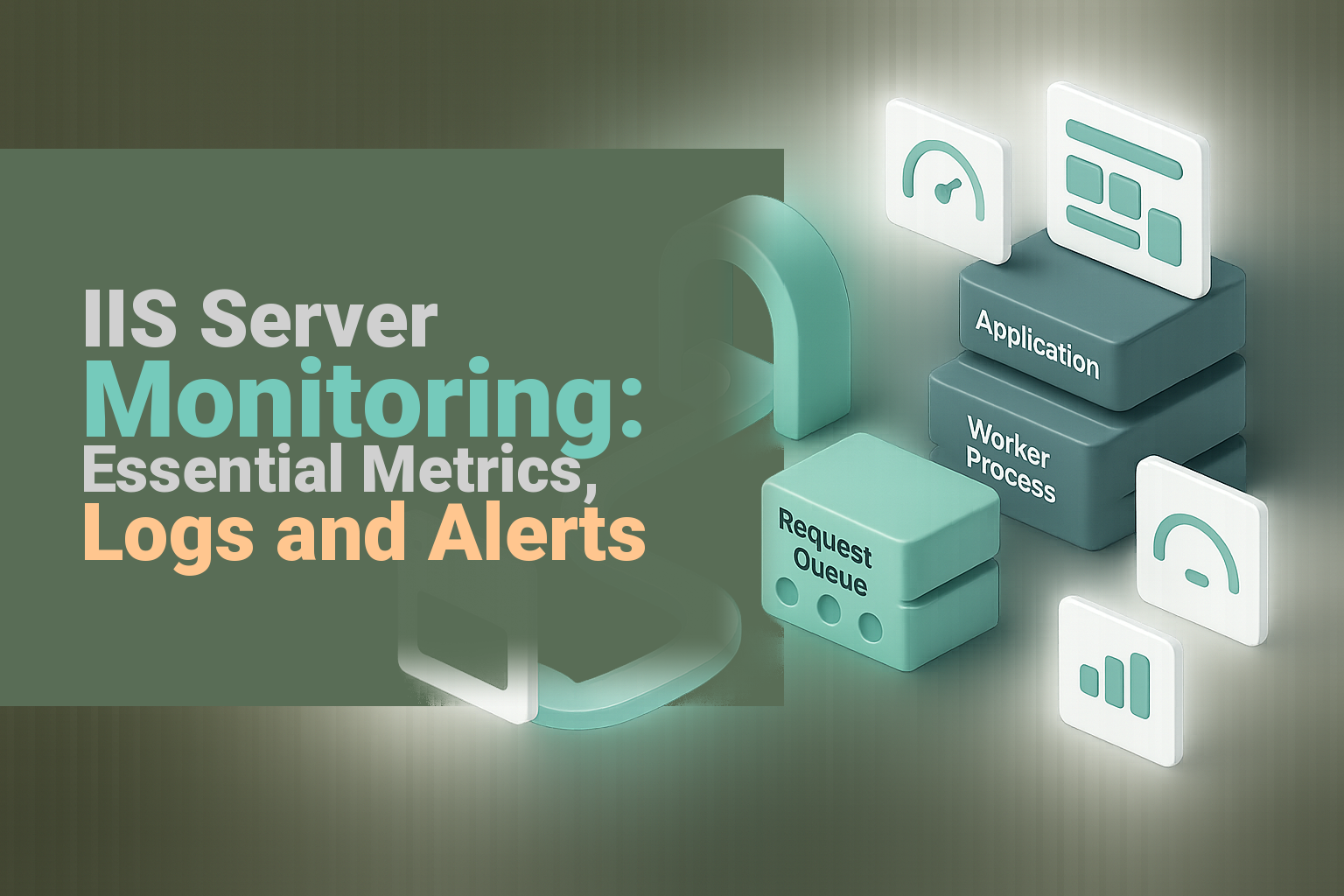 IIS request flow with monitoring gauges for queues, errors, latency and server resources