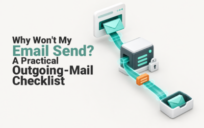 Why Won't My Email Send? A Practical Outgoing-Mail Checklist Email travelling from an outbox through an SMTP server with diagnostic checkpoints.