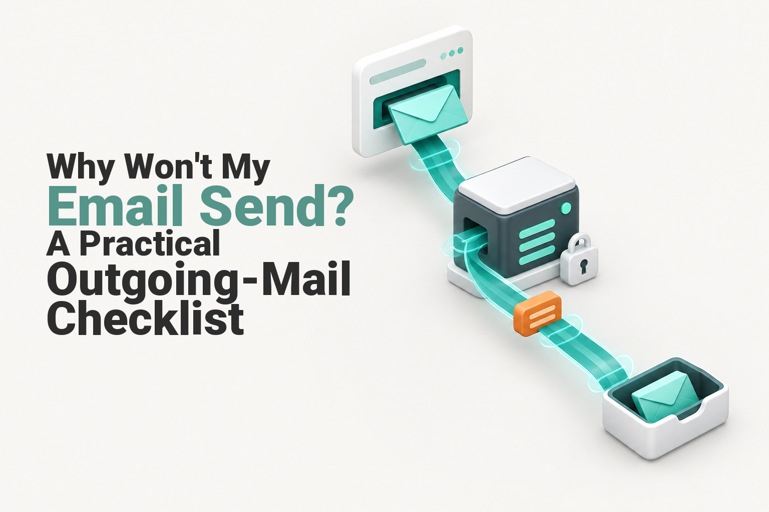 Email travelling from an outbox through an SMTP server with diagnostic checkpoints.