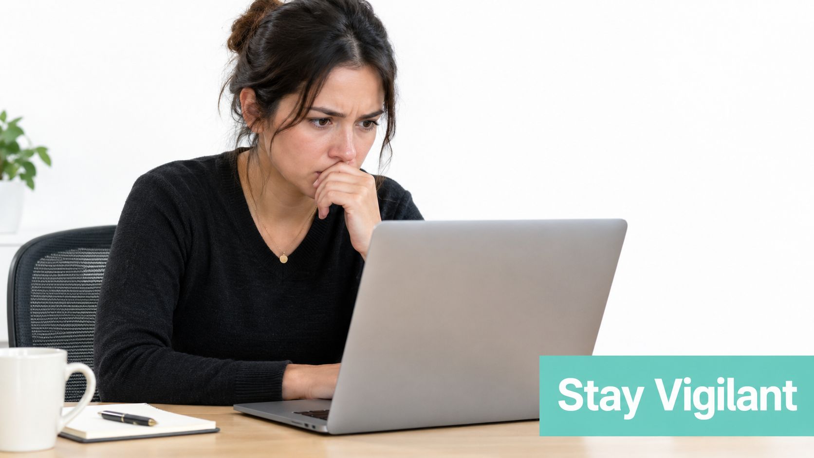 Business Email Compromise Prevention: A Guide for SMEs 4 A concerned professional woman looks at her laptop screen while sitting at her office desk.