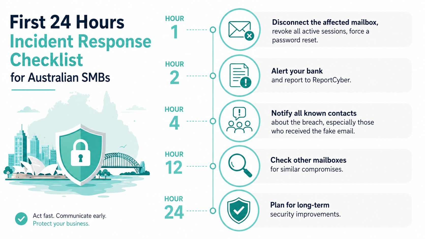 Business Email Compromise: An Australian SMB Guide 6 A checklist infographic outlining critical security steps for australian smbs to take during the first 24 hours of an email compromise.