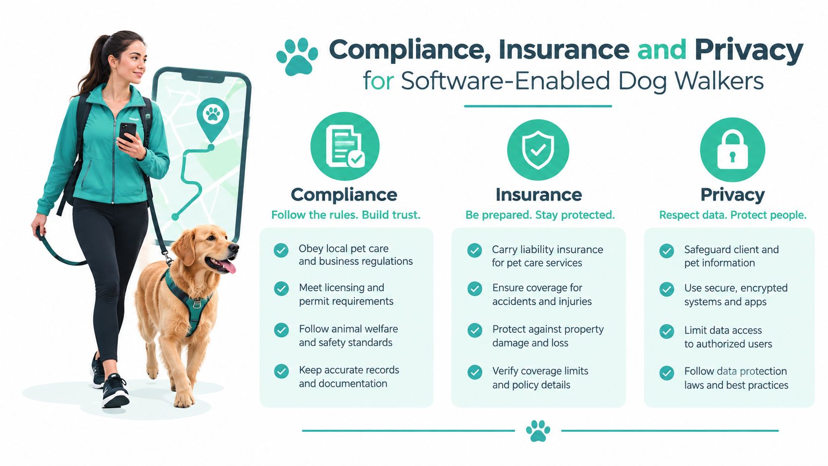 Dog Walking Software for Australian Small Businesses 4 An infographic outlining compliance, insurance, and privacy guidelines for professional software-enabled dog walkers in a clean design.