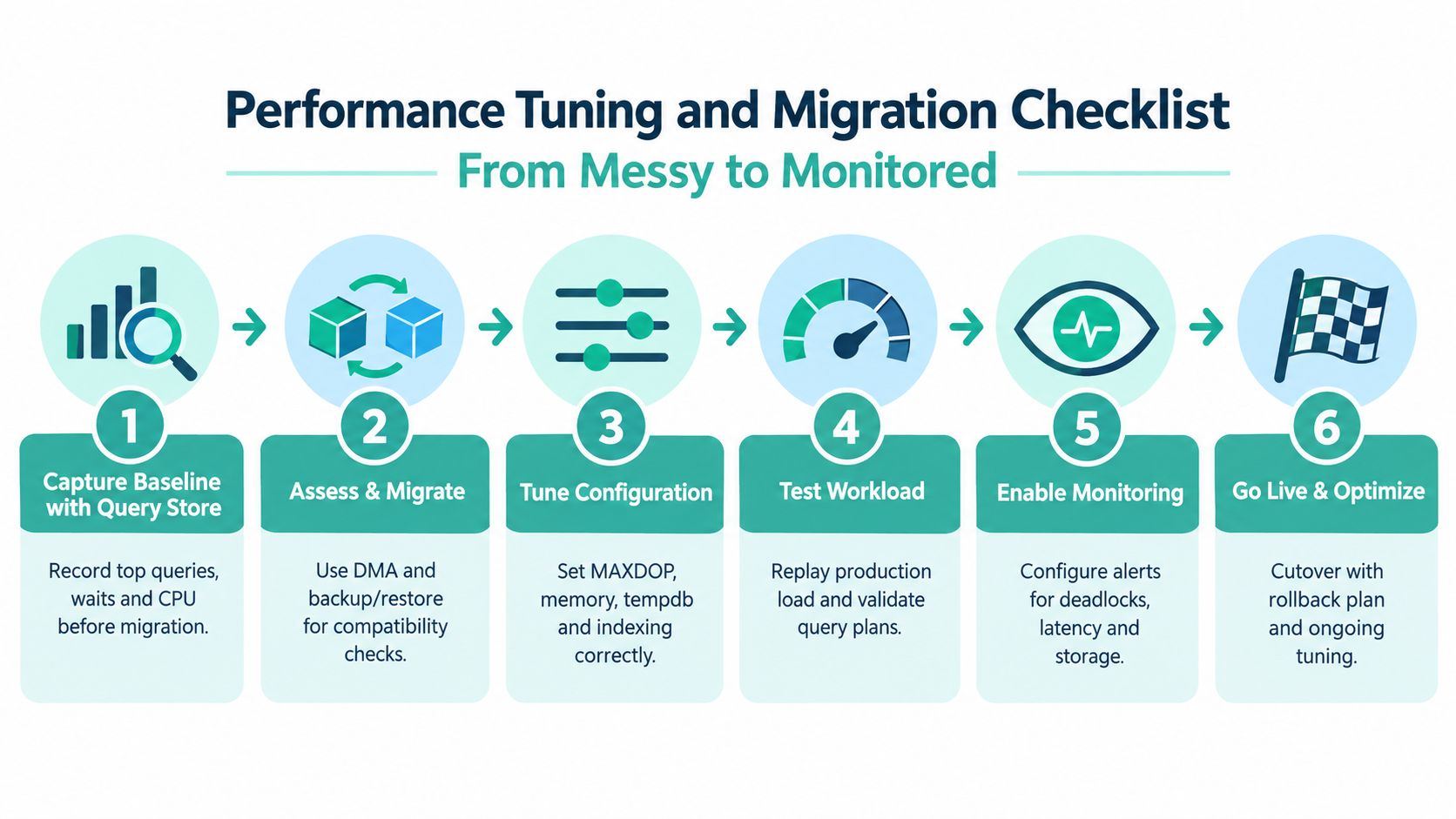 MSSQL Database Hosting in Australia: A Practical Guide 4 A six-step checklist infographic for database performance tuning and migration from messy to monitored state.