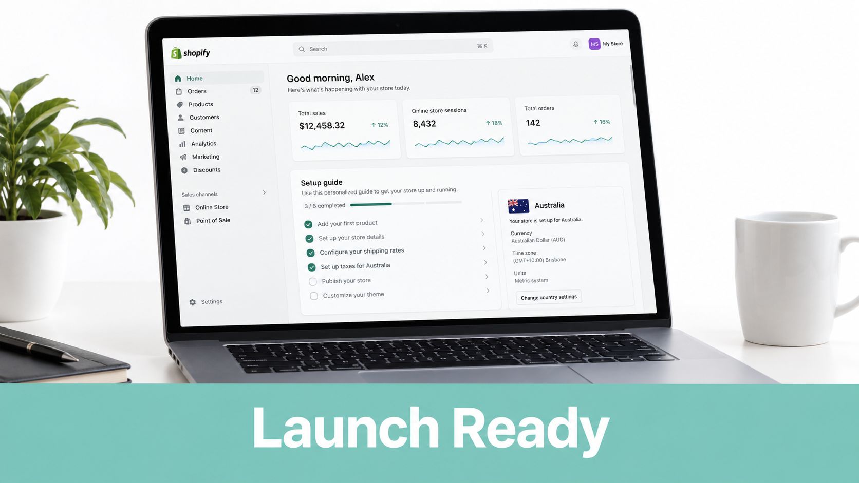 WooCommerce or Shopify for Australian Stores in 2026 7 A laptop screen displaying the shopify e-commerce dashboard showing store analytics and setup progress on a white desk.