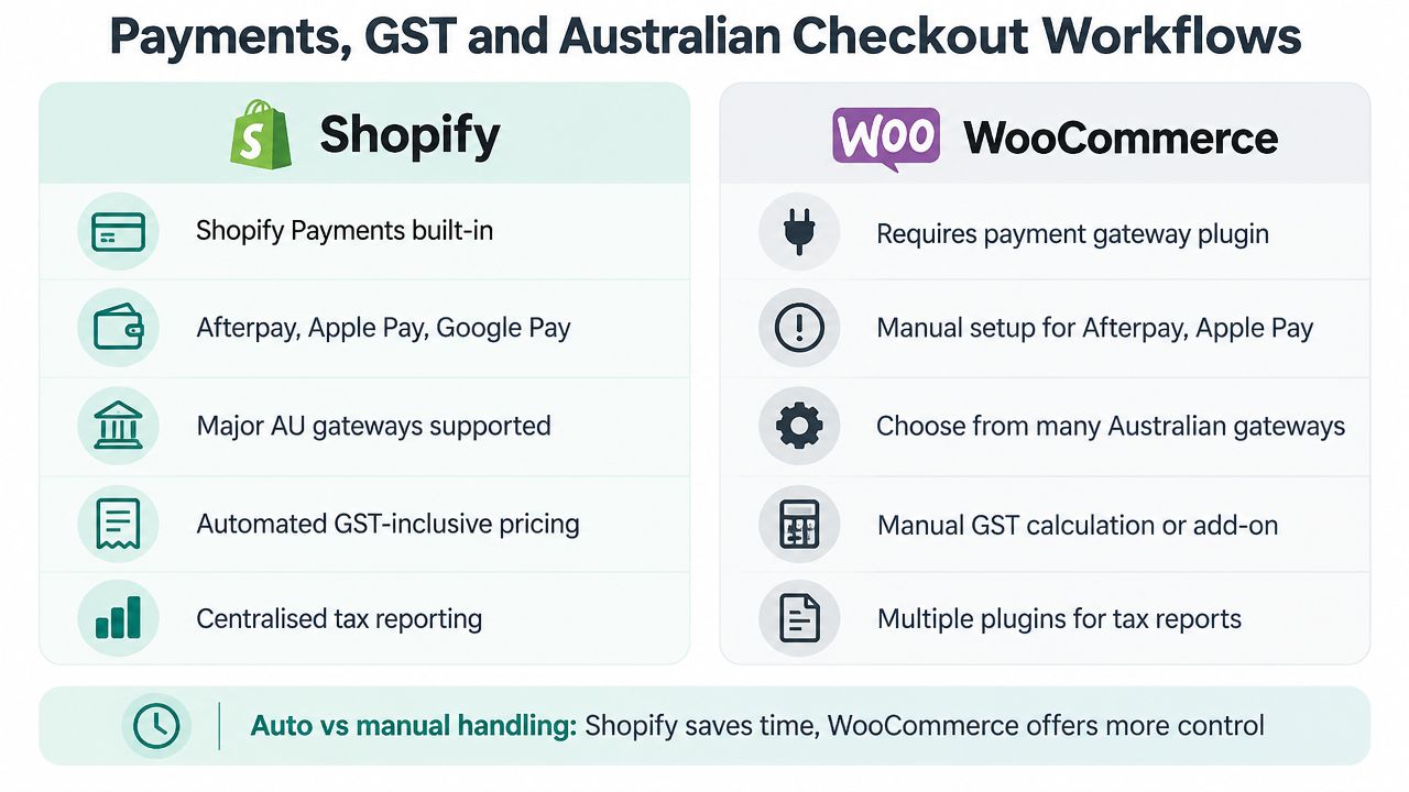 Shopify or WooCommerce: Australia Platform Guide 2026 3 A comparison chart showing the differences between shopify and woocommerce for payments, gst, and australian checkout workflows.