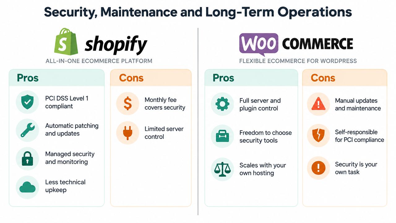 Shopify or WooCommerce: Australia Platform Guide 2026 5 A comparison chart outlining the security, maintenance, and operational differences between shopify and woocommerce e-commerce platforms.