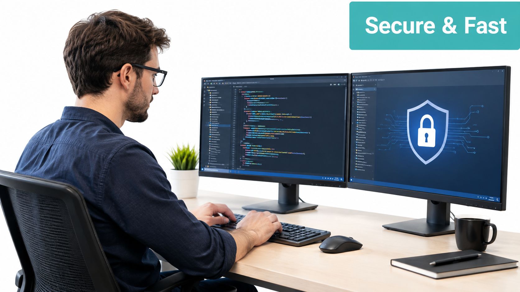 What Is Asp Net 8 A professional software developer working on code and security measures using two computer monitors at his desk.