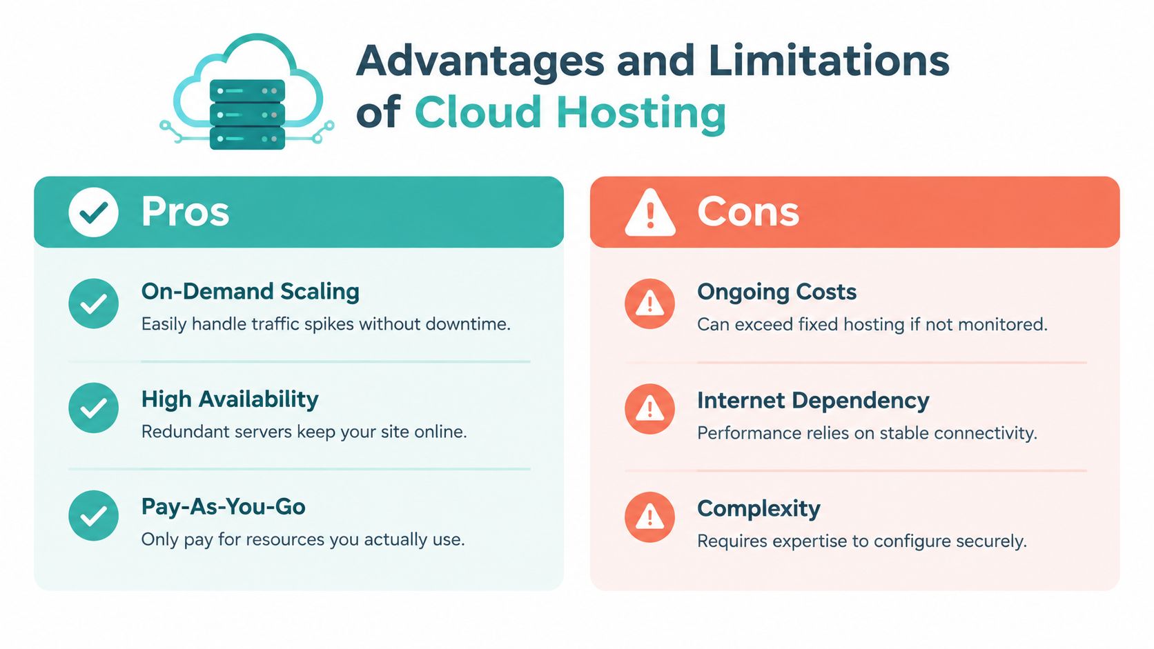 What Is Cloud Hosting and How It Works in Australia 6 A comparative infographic showing the advantages and limitations of cloud hosting for businesses and developers.