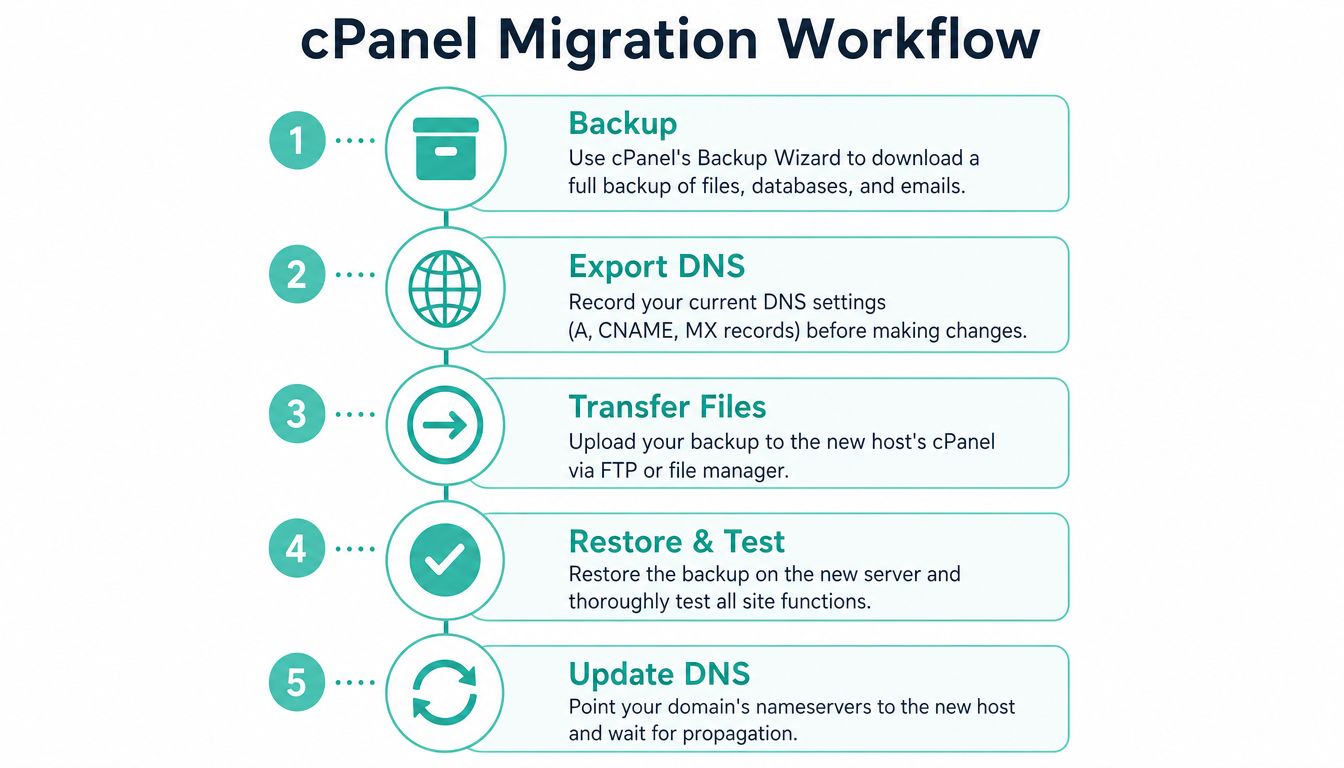 What Is cPanel Hosting and How Does It Work 7 A flowchart showing the five step cpanel migration workflow from backup to updating dns settings.
