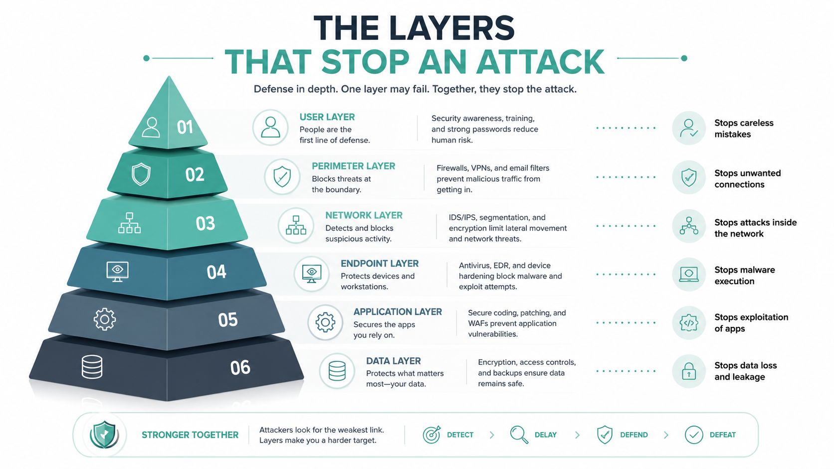 What Is DDoS Protection and Why It Matters in Australia 4 A diagram illustrating the six layers of cybersecurity defense in depth, protecting an organization from various attacks.