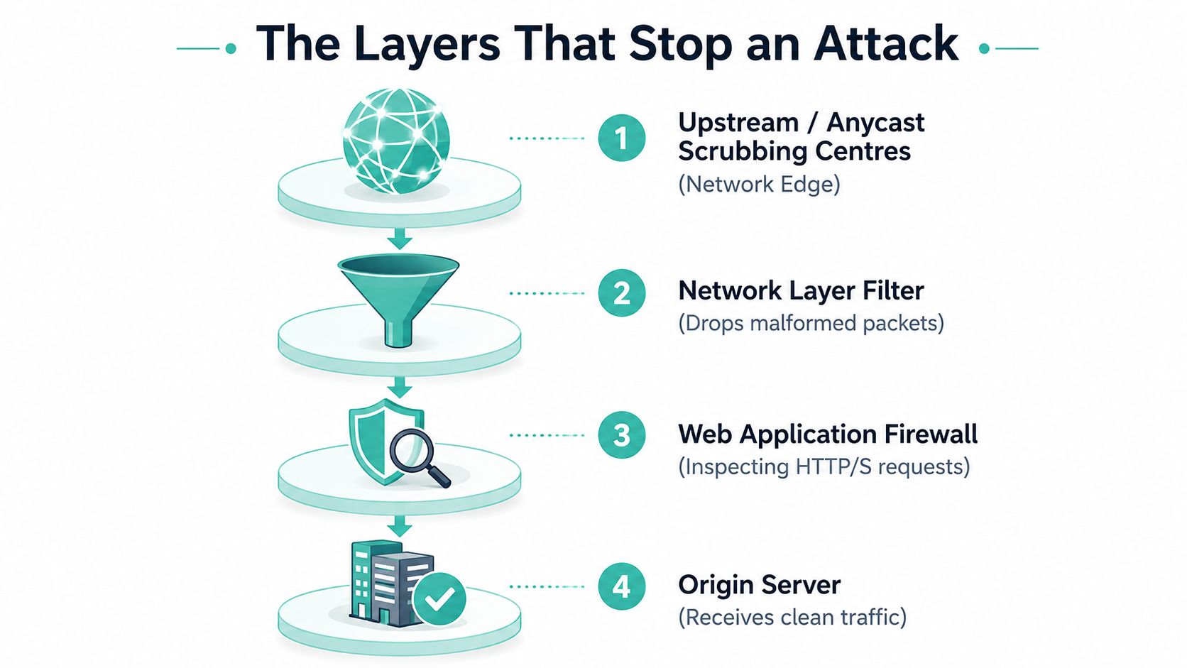 What Is DDoS Protection and Why It Matters in Australia 2 A diagram illustrating four layers of ddos protection to stop network attacks and ensure server safety.