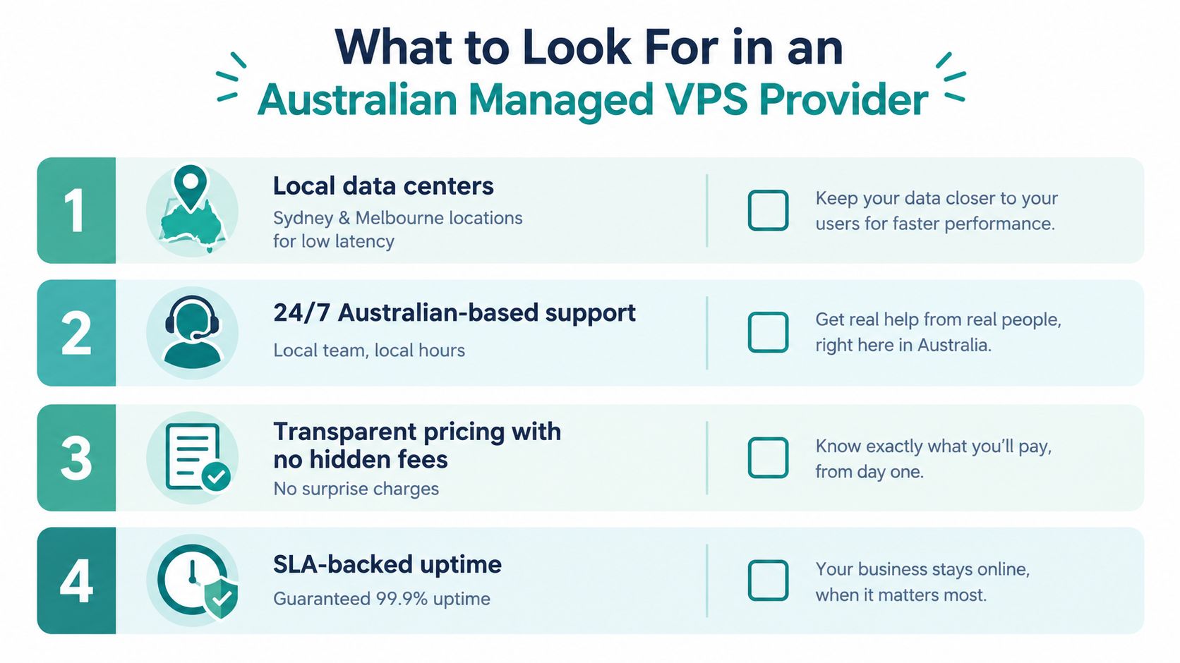 What Is Managed VPS Hosting: An Australian Guide 4 A checklist infographic outlining key factors for choosing an australian managed vps hosting provider for businesses.