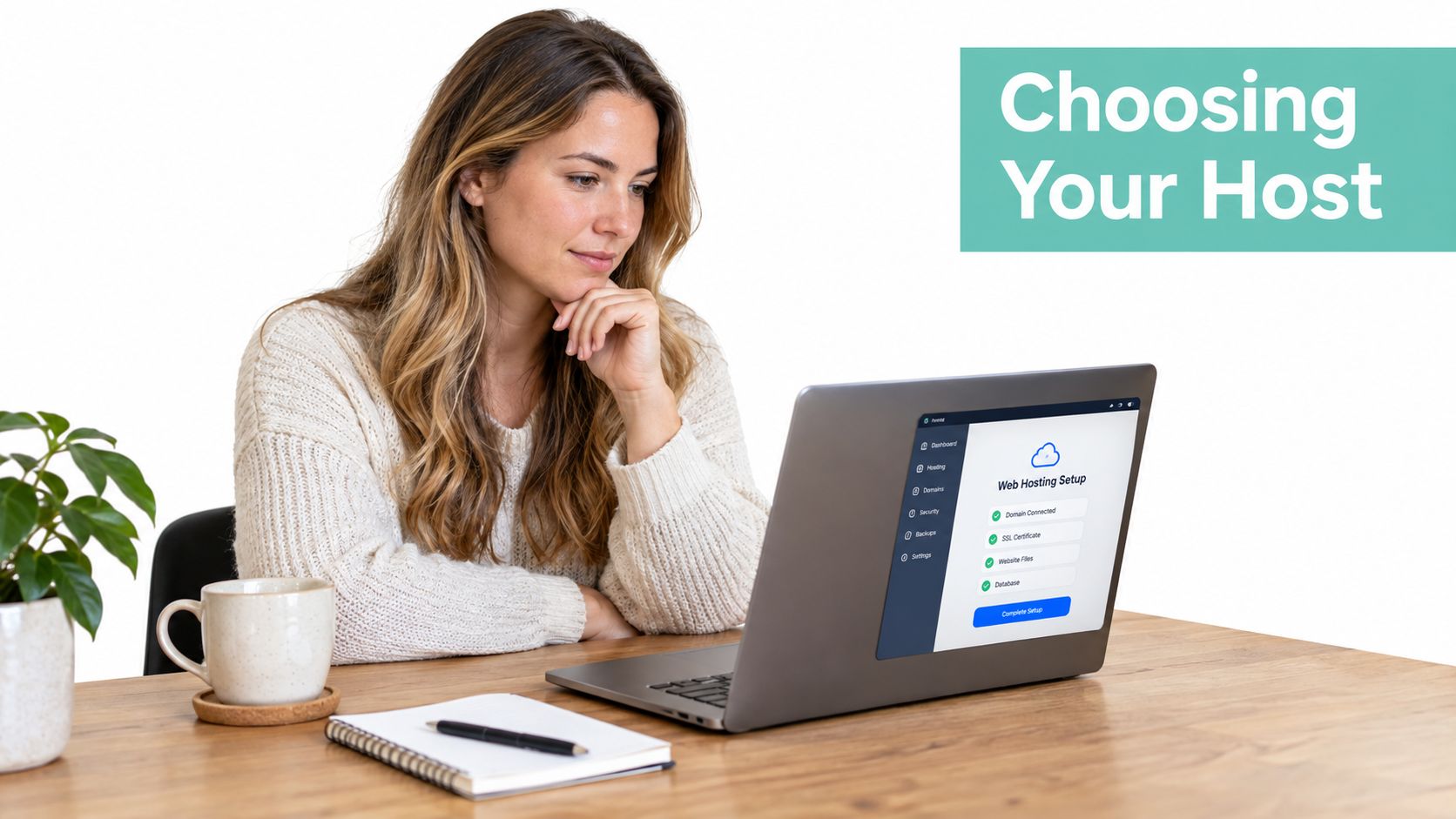 Windows Hosting vs Linux Hosting: The Complete Guide 2 A woman sits at a wooden desk with a laptop displaying a web hosting setup interface.