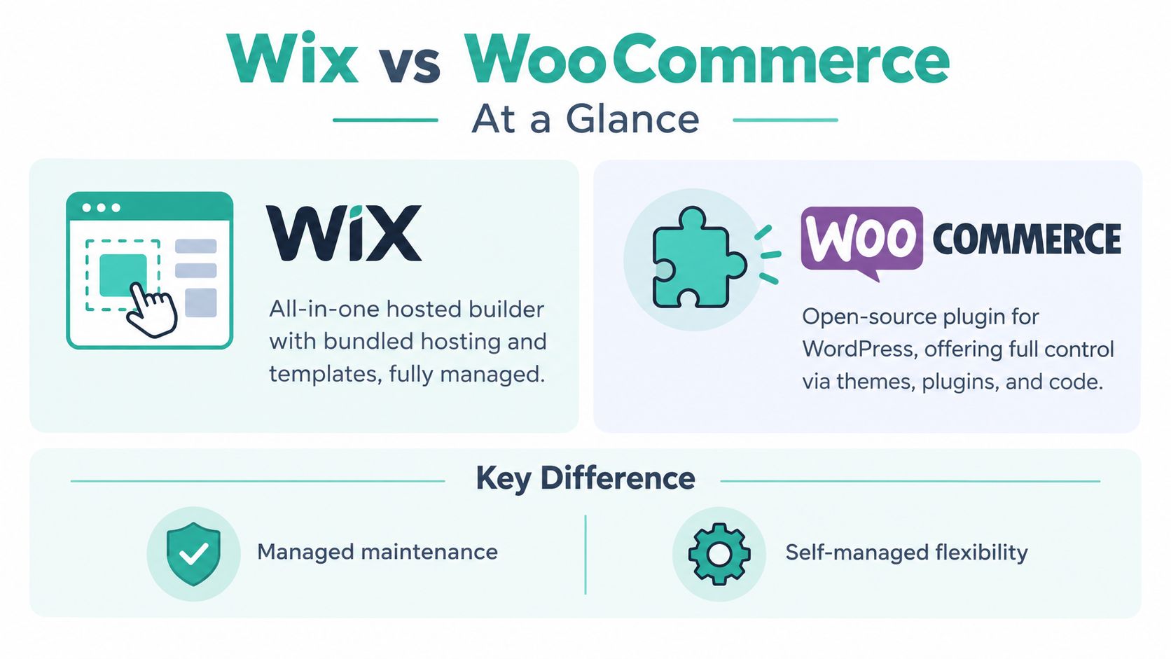 Wix Ecommerce vs WooCommerce for Australian Stores 2 A comparison infographic between wix and woocommerce detailing their key differences in management and website building.