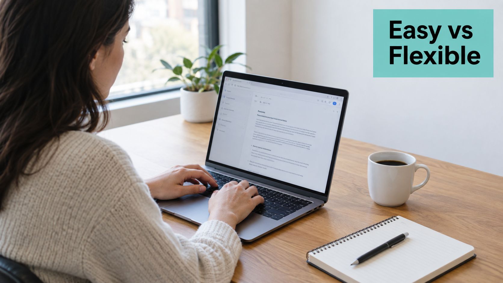 Wix Ecommerce vs WooCommerce for Australian Stores 4 A woman working on her laptop at a desk with a notebook, coffee, and a green plant.