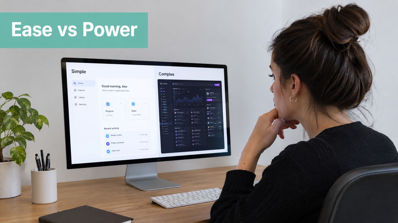 Wix vs Shopify vs WooCommerce: The AU 2026 Guide 4 A woman looks at a computer screen comparing a simple interface with a complex dashboard design.