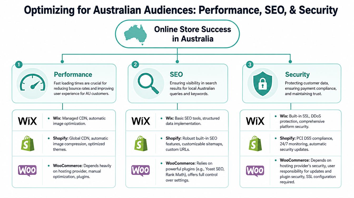 Wix vs Shopify vs WooCommerce: The AU 2026 Guide 5 A diagram comparing wix, shopify, and woocommerce for online store performance, seo, and security in australia.
