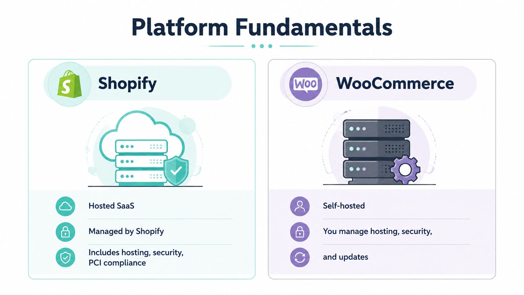 WooCommerce vs Shopify in Australia: Honest Comparison 2 A comparison infographic highlighting the fundamental differences between the hosted shopify platform and the self-hosted woocommerce platform.
