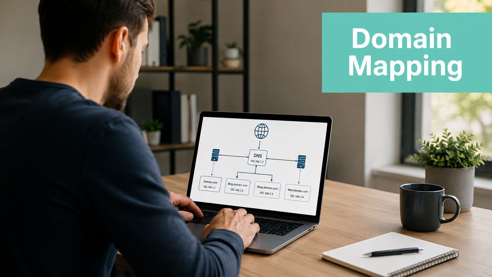 WordPress Hosting Multiple Sites: The Australian Guide 5 A person working on a laptop displaying a domain mapping diagram for managing multiple website hosting environments.