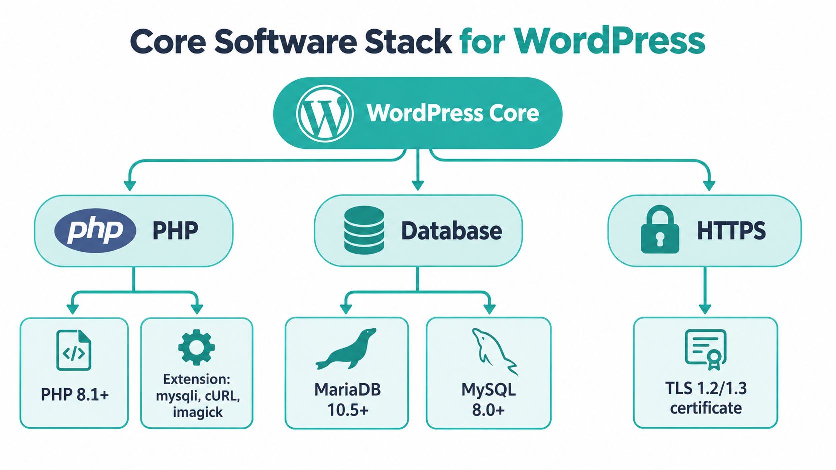 WordPress Hosting Requirements Explained for Australia 2 A diagram illustrating the core software stack requirements for hosting a wordpress website including php, database, and https.