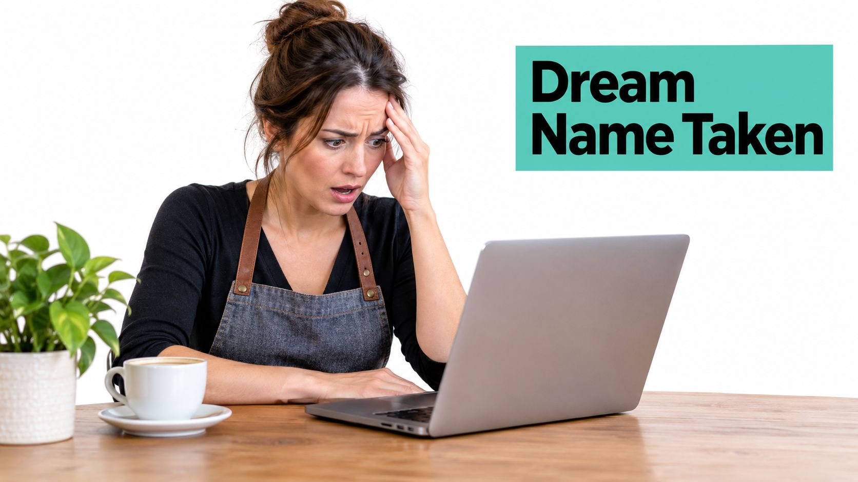 A woman looking frustrated while checking her laptop, next to a coffee cup and a small plant.