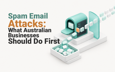 Spam Email Attacks: What Australian Businesses Should Do First Business inbox flooded with email while a security alert is protected by filtering controls