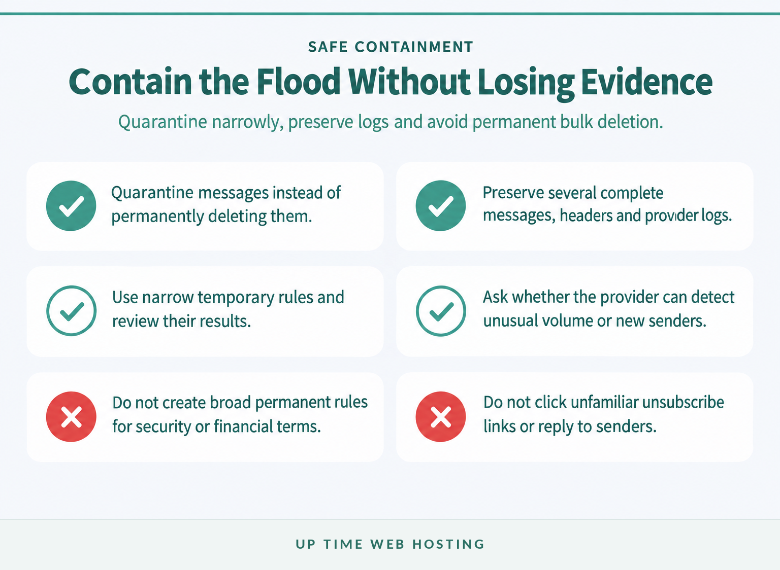 Spam Email Attacks: What Australian Businesses Should Do First 4 Checklist showing safe and unsafe ways to contain an inbox flood