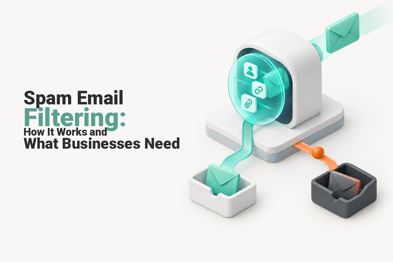 Incoming business emails moving through security checks before reaching an inbox