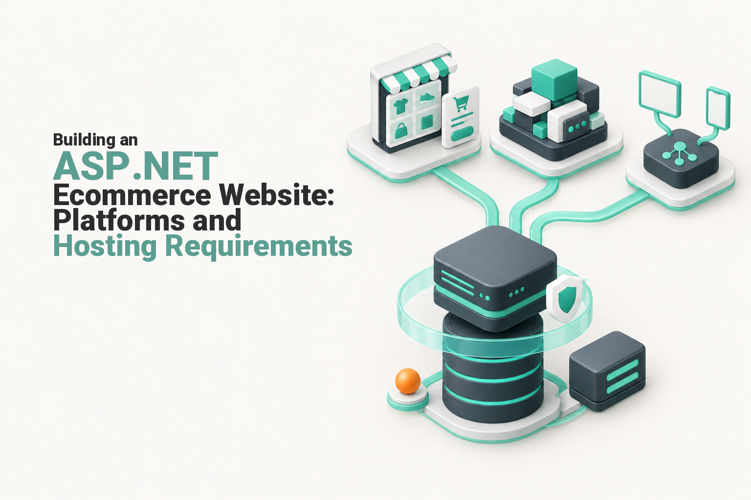 Three ASP.NET ecommerce architecture paths connecting to a production hosting stack