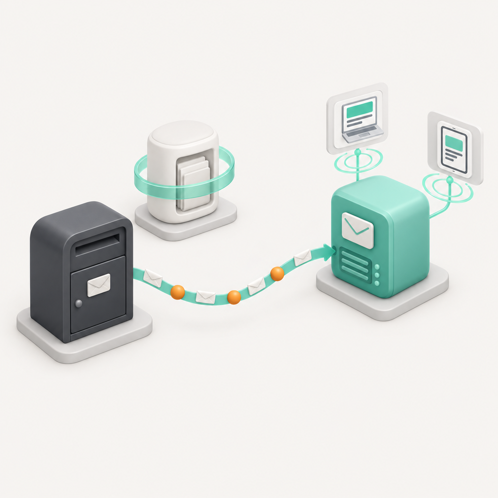 Old pop3 computer, backup archive and new imap devices connected through a mail server