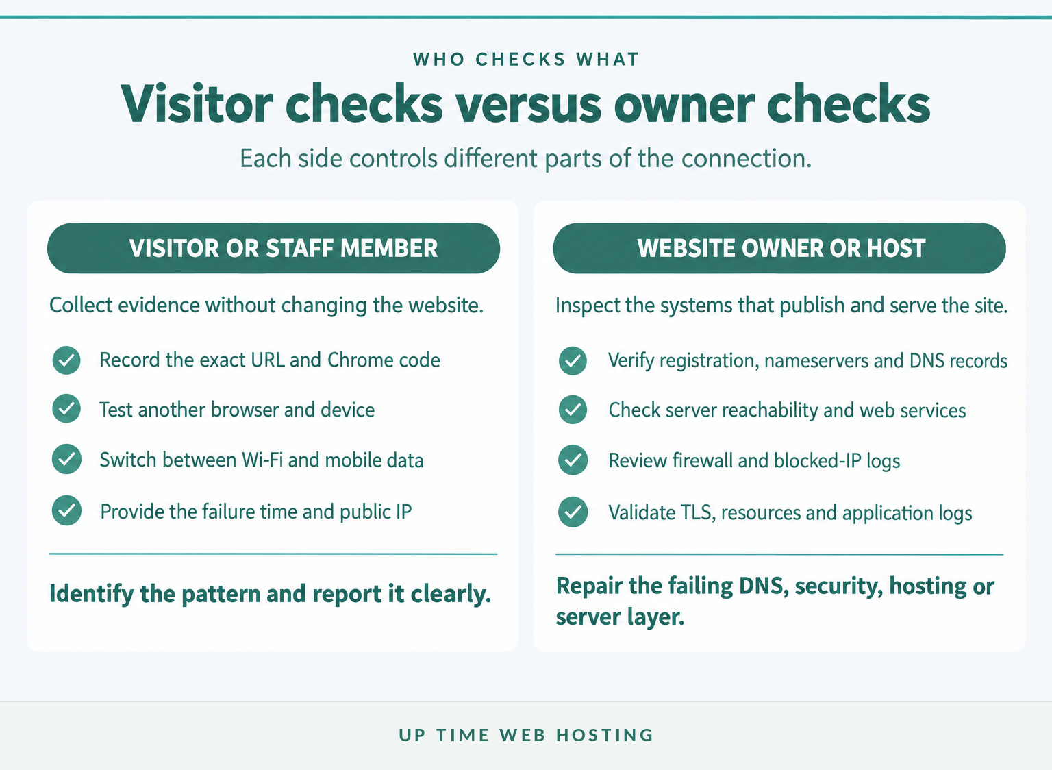 Visitor-side checks compared with website owner dns and hosting checks