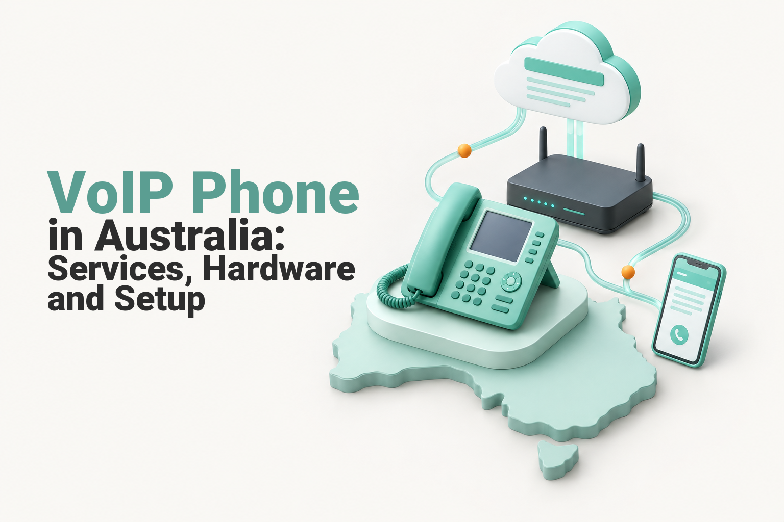 Fast Australian Website Hosting Services 15 Australian business voip setup linking a desk phone, cloud service, router, laptop and mobile