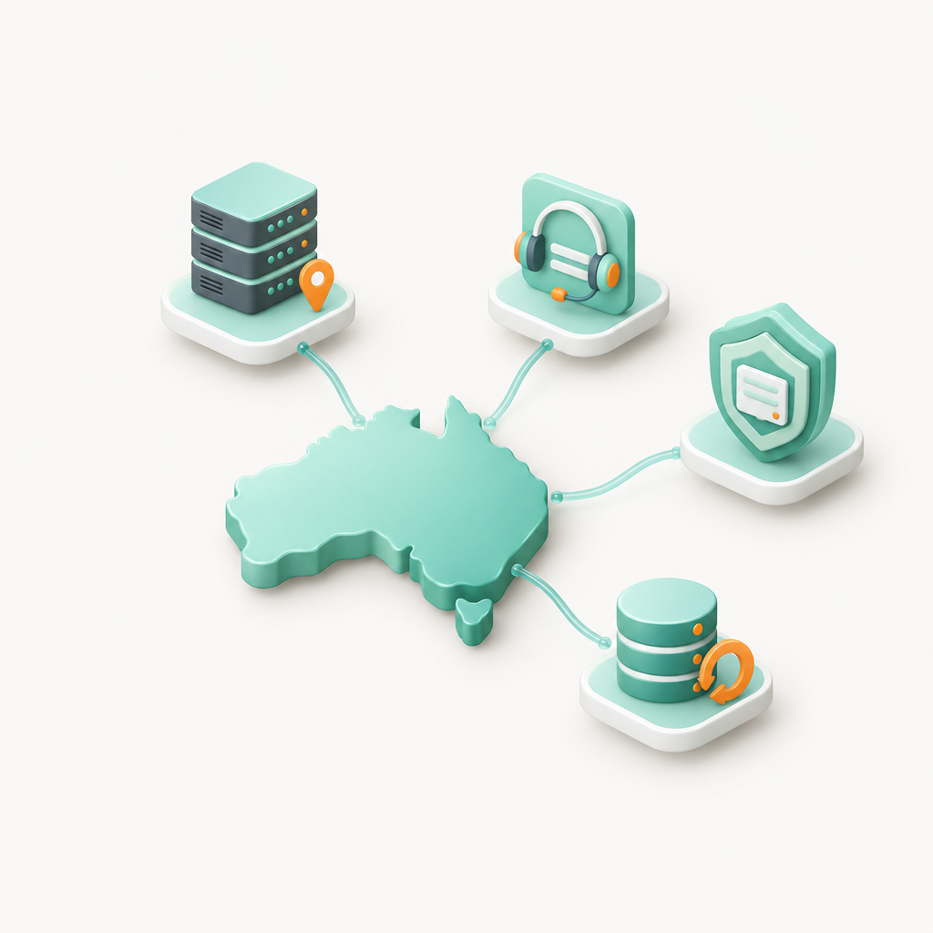 Australia beside a server, support headset, shield and backup system