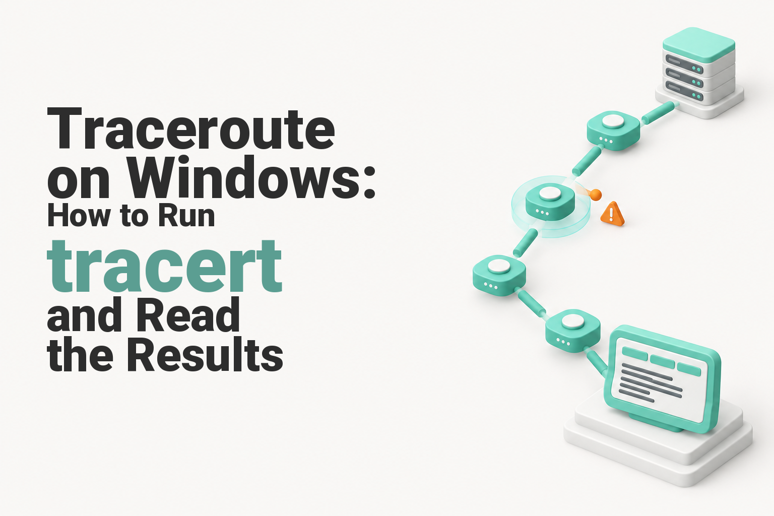 Windows laptop tracing network hops to a web server with one possible route fault highlighted
