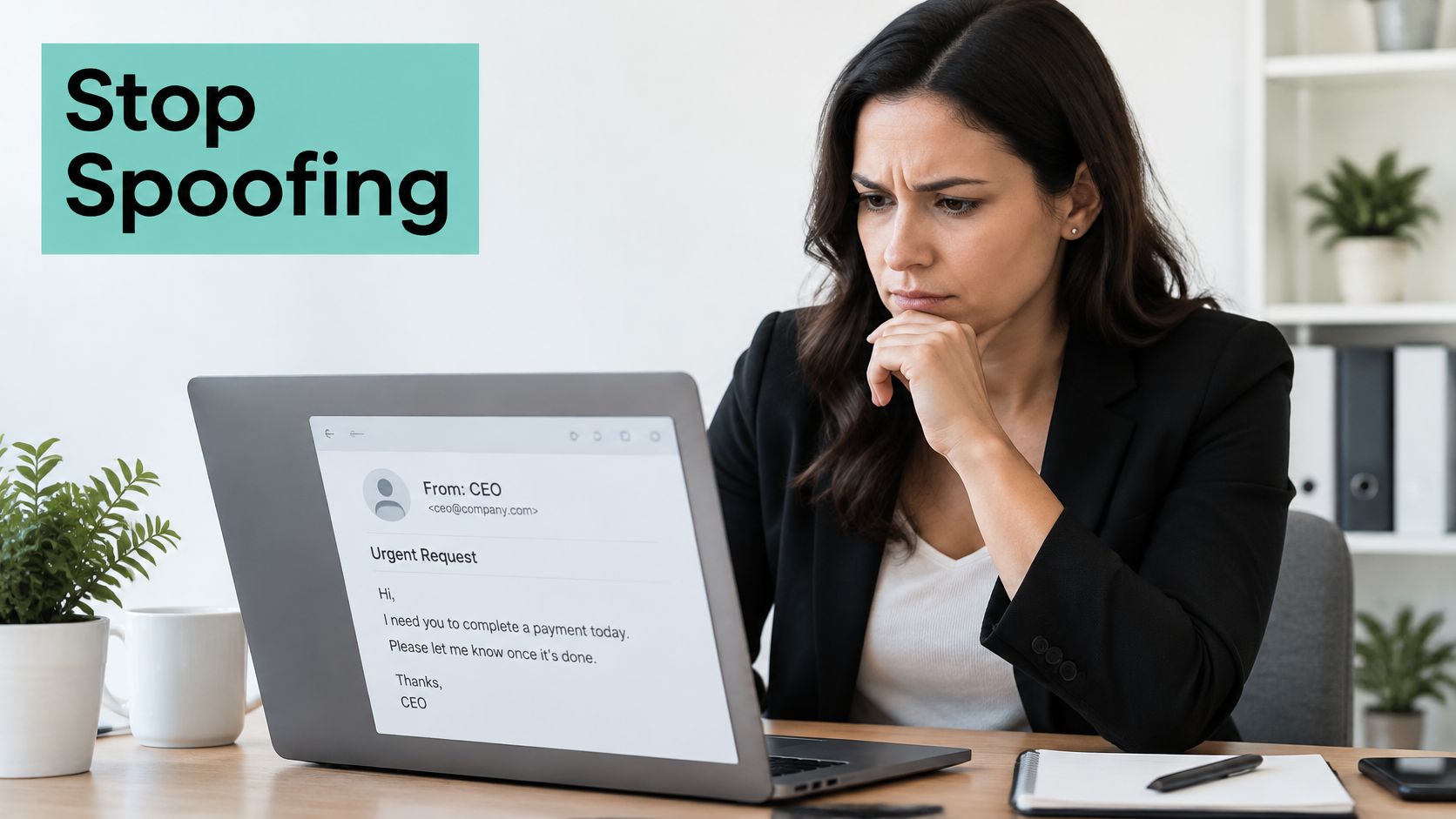 A concerned woman looks at a suspicious urgent payment request email on her laptop at an office desk.