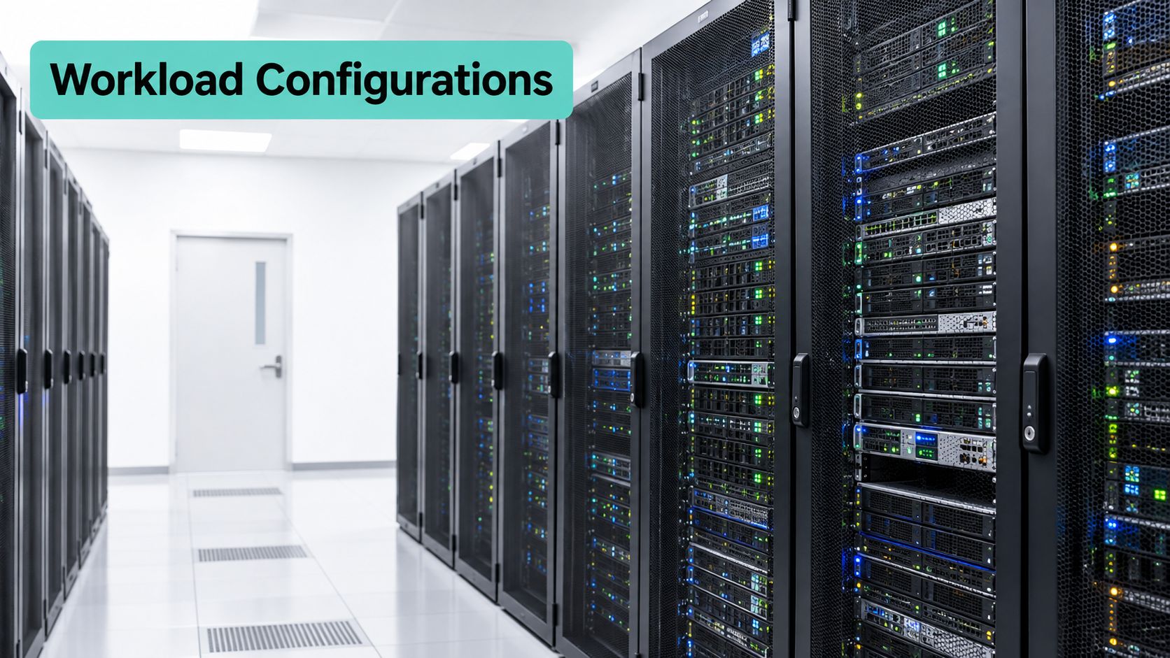 Database Hosting Guide for Australian Businesses 8 A modern data center server room with rows of rack-mounted server cabinets and led status lights.