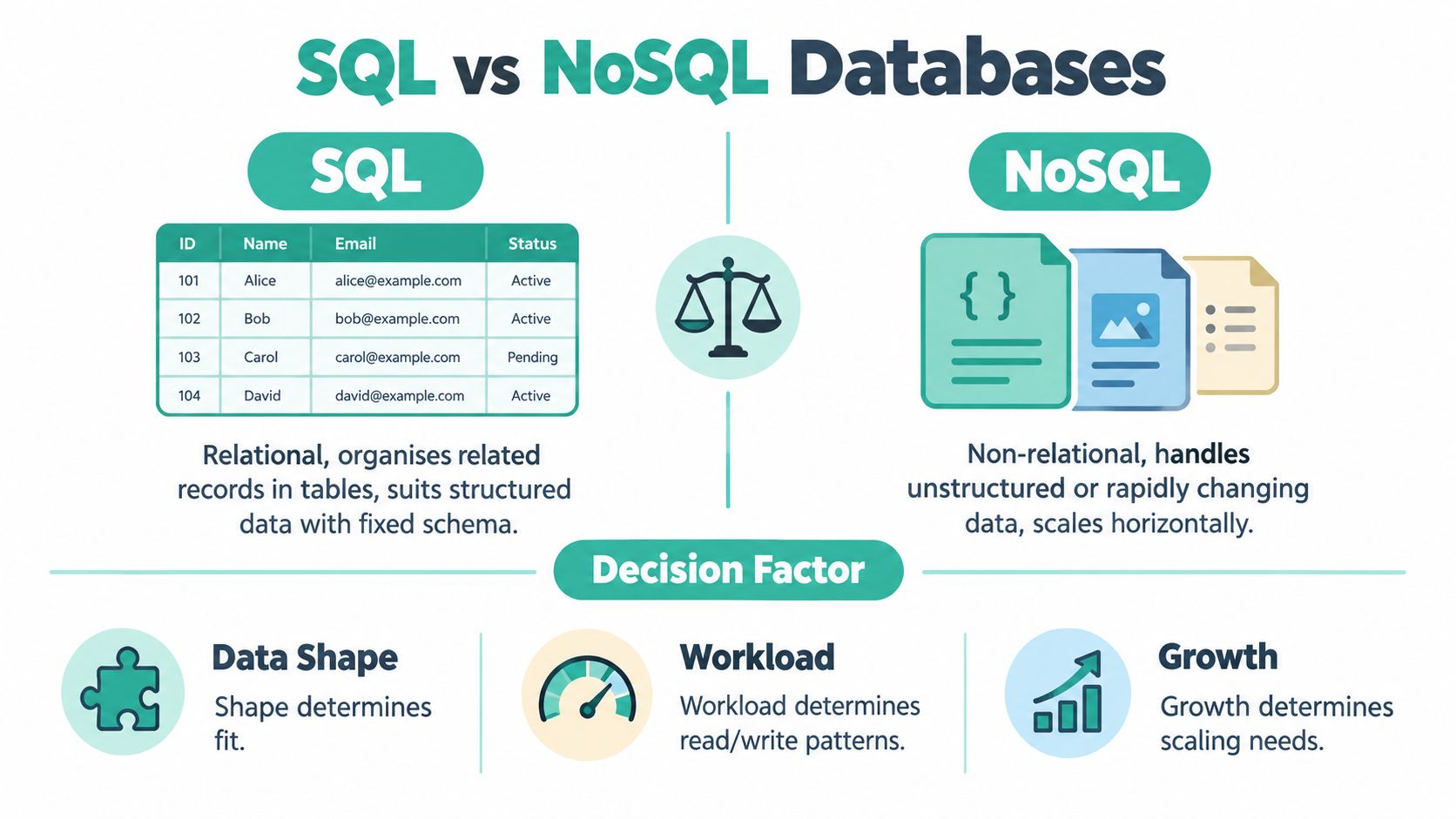 Database Hosting Guide for Australian Businesses 5 A diagram comparing sql and nosql databases, highlighting their structures, key differences, and decision factors.
