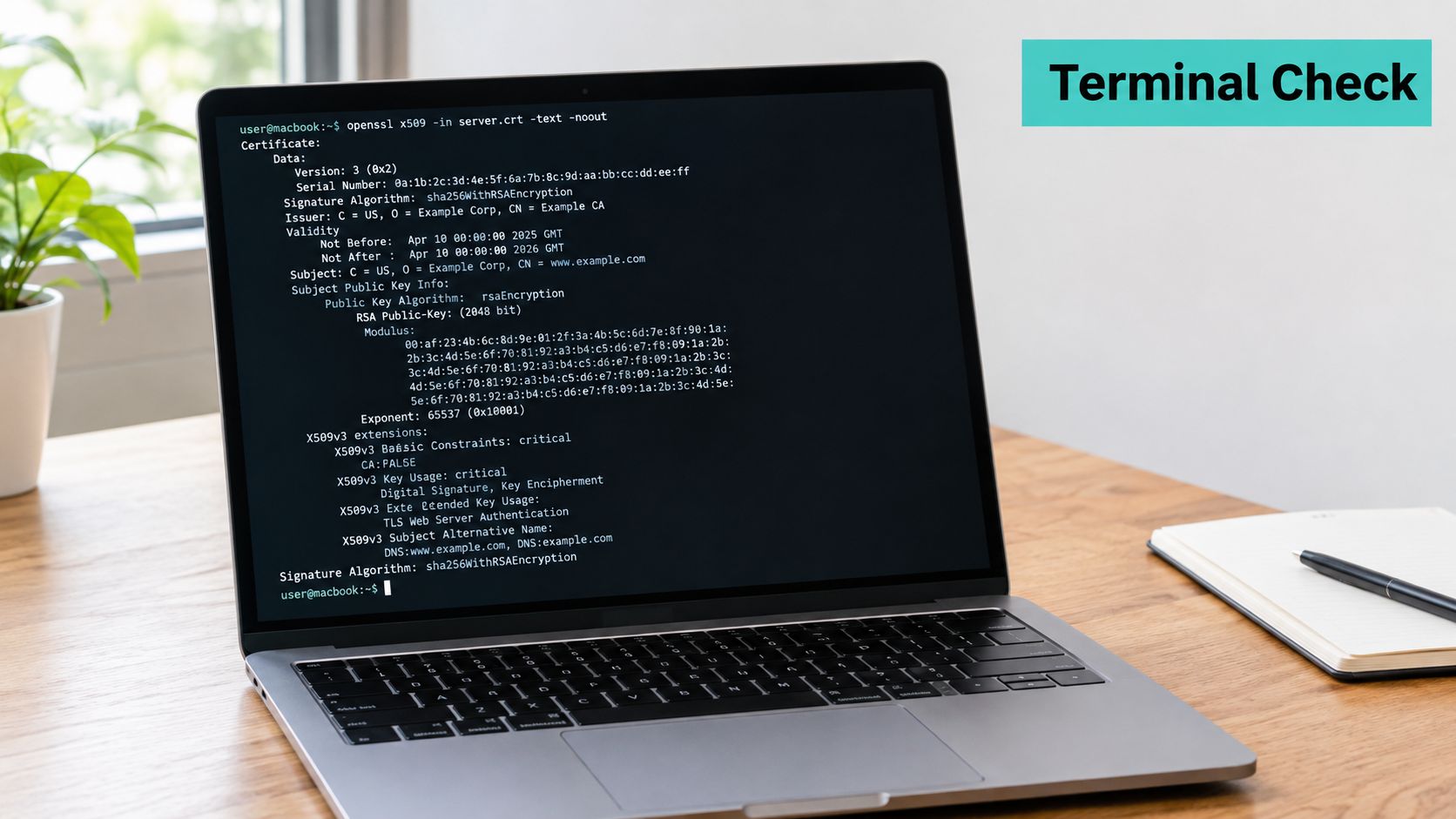 A laptop screen displaying an openssl command output showing details of an x509 ssl certificate.