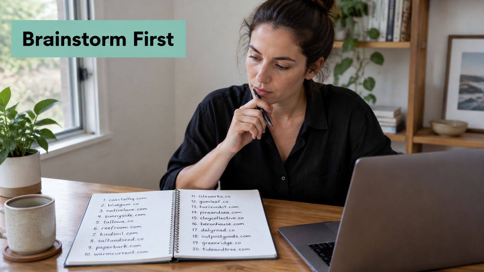 How to Choose Domain Name for Business: An Australian Guide 3 A focused woman sitting at a desk writing a list of domain name ideas in her notebook.