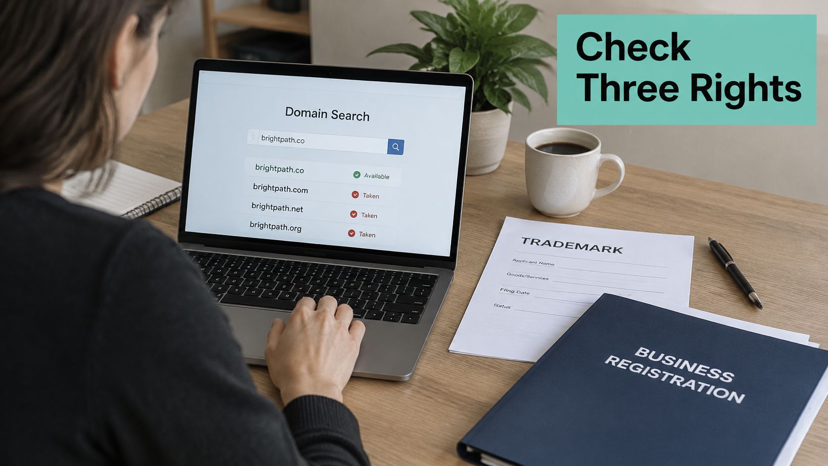 How to Choose Domain Name for Business: An Australian Guide 5 A professional researching domain name availability on a laptop next to business registration and trademark forms.